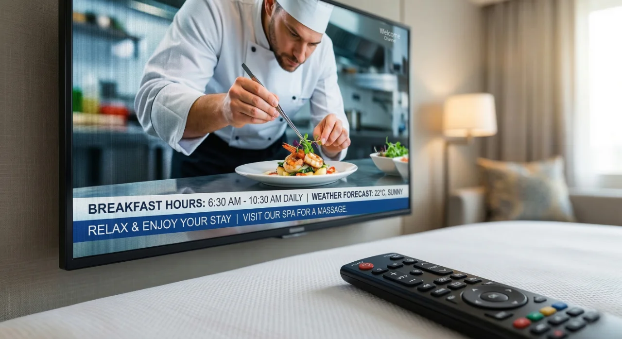 Telewizor w pokoju hotelowym z paskiem informacyjnym: godziny śniadań, prognoza pogody i zaproszenie do SPA
