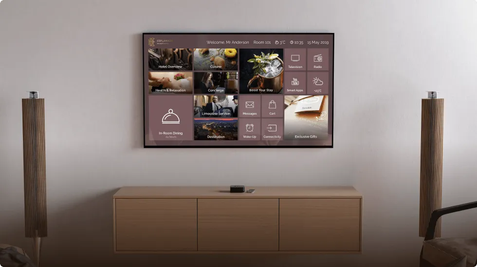Pełna integracja telewizji hotelowej — ekran powitalny z PMS, system zarządzania treścią CMS i IPTV w pokoju hotelowym