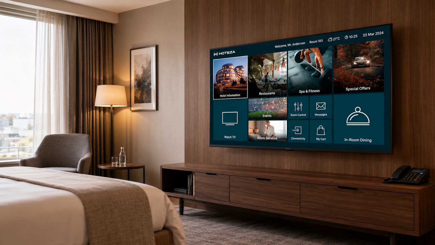 Telewizor hotelowy Hisense z platformą gościa Hoteza w pokoju — ekran powitalny z informacjami o hotelu, spa, restauracji i room service