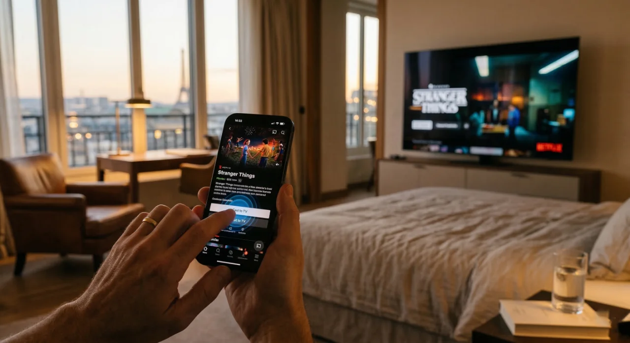 Chromecast i AirPlay w hotelu — casting Netflix z telefonu gościa na TV