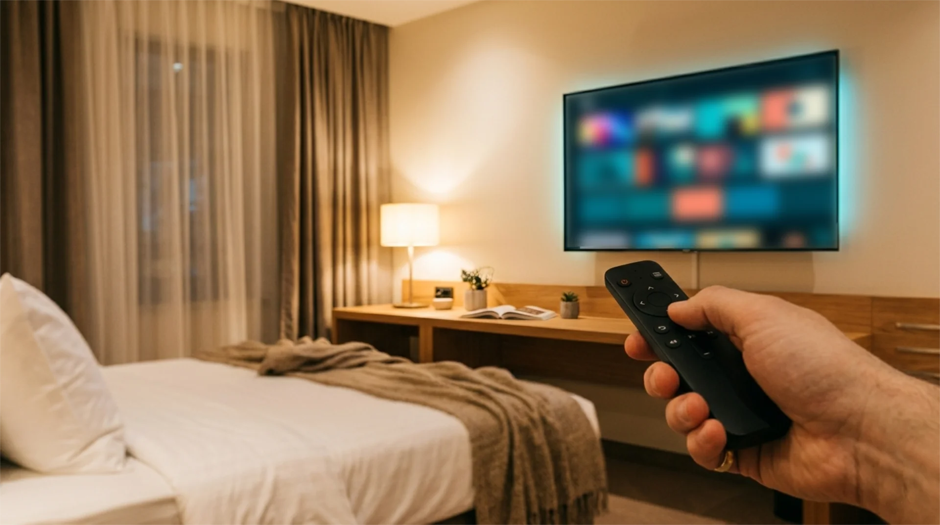 Gość hotelu z pilotem nawigacyjnym przed telewizorem wyświetlającym menu z miniaturami treści streamingowych — nowoczesny pokój z ciepłym oświetleniem i teal ambient light