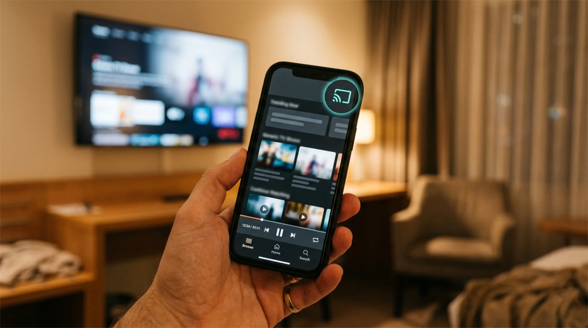Smartfon gościa hotelu z aplikacją streamingową i aktywną ikoną Cast — przycisk przesyłania treści na telewizor w pokoju hotelowym
