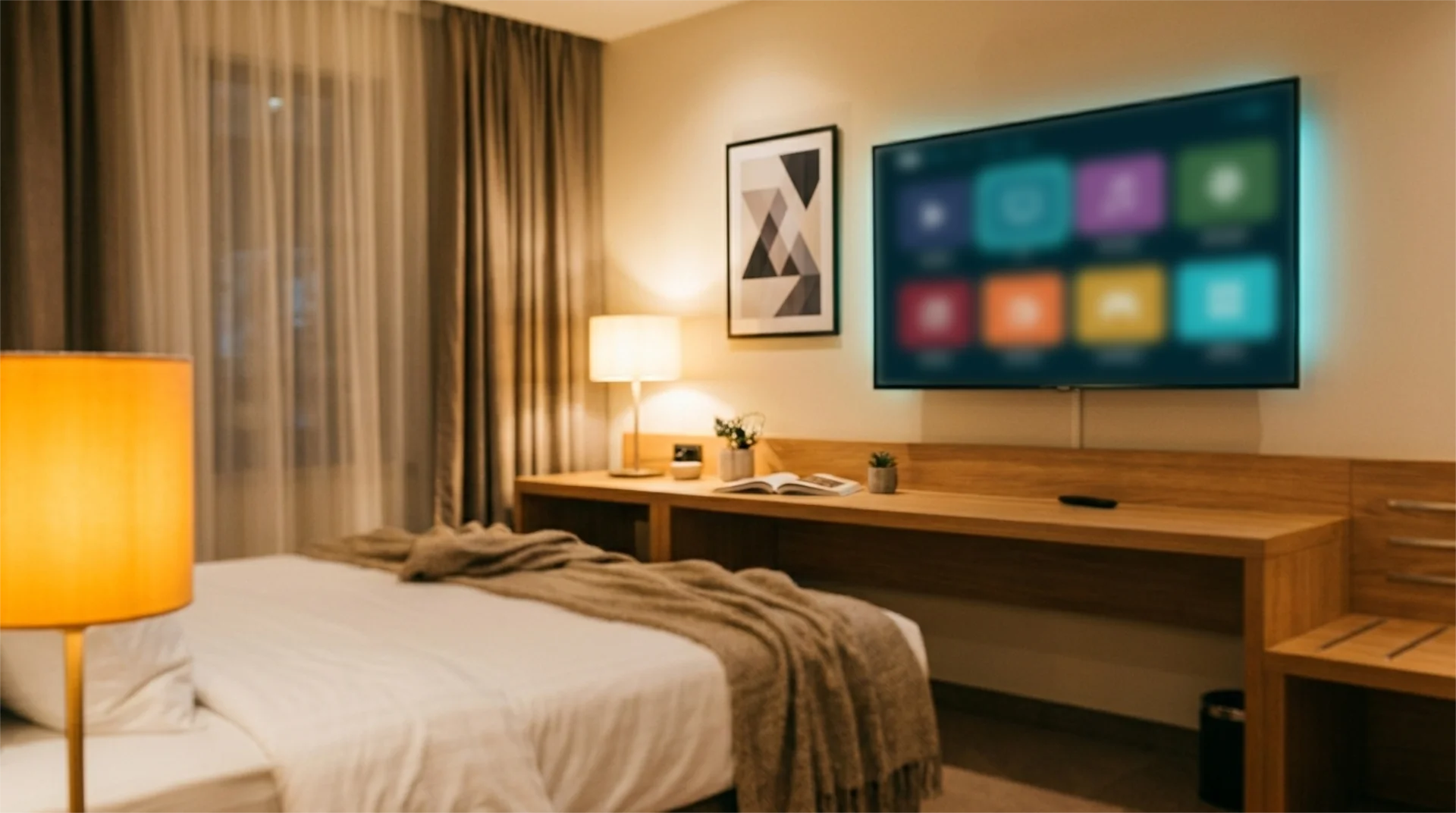 Telewizor hotelowy z menu aplikacji streamingowych — kolorowe kafle reprezentujące Netflix, Disney+, HBO Max, YouTube, Spotify i inne serwisy dostępne przez Cast i AirPlay