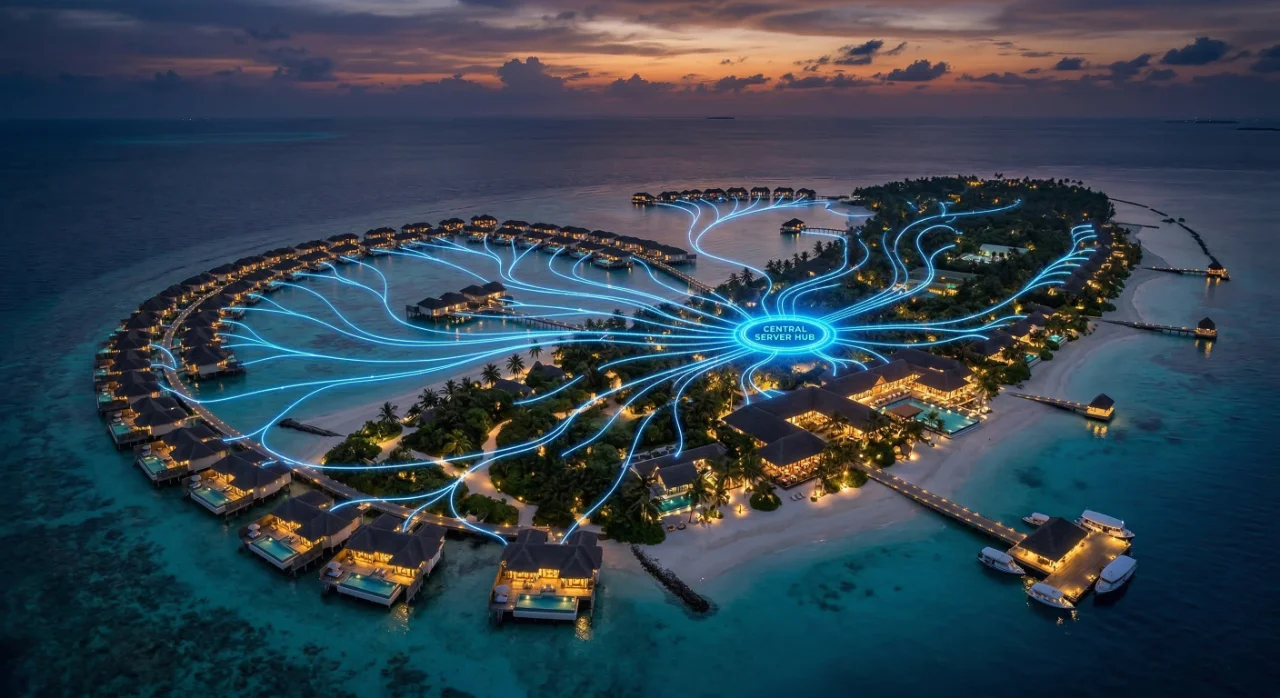 GPON fiber network installation in a hotel — one fiber cable delivers TV, internet and phone to every room