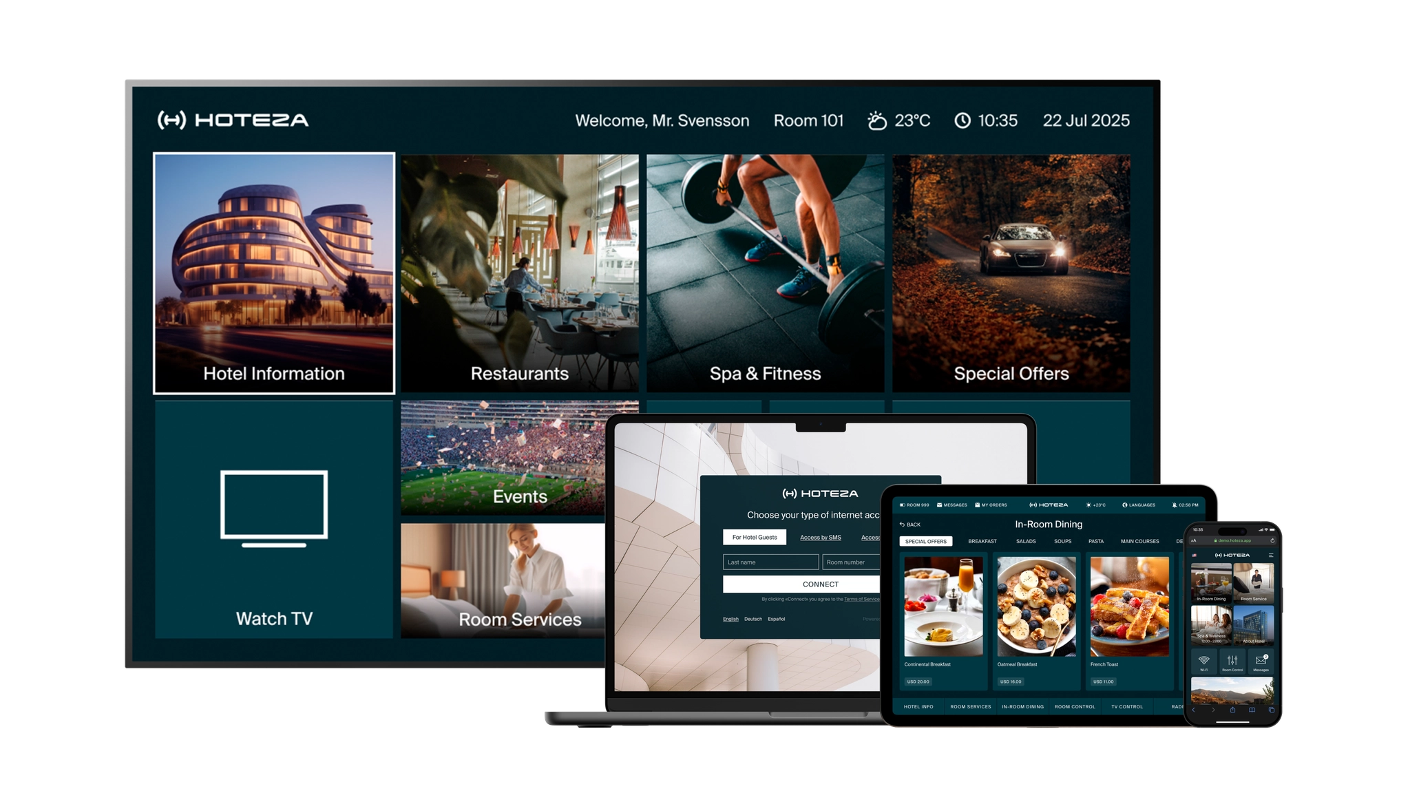 Hoteza na wszystkich urządzeniach hotelowych — Smart TV, tablet, smartfon i kiosk