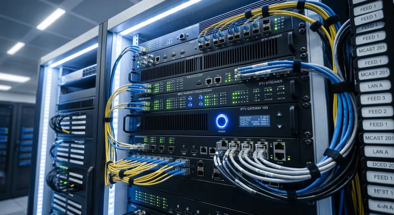 Profesjonalna stacja czołowa (headend) dla hotelu — szafa rackowa z systemem TV