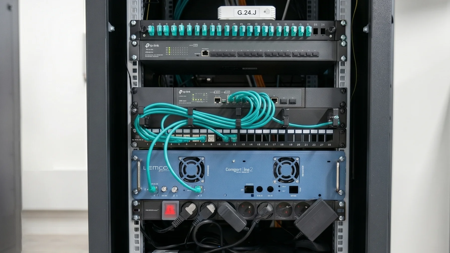 Rack z instalacją IPTV iBeeQ — stacja czołowa Lemco Compact Line 2, switch zarządzalny TP-Link, patchpanel 24-port z teal patchcordami Cat6A