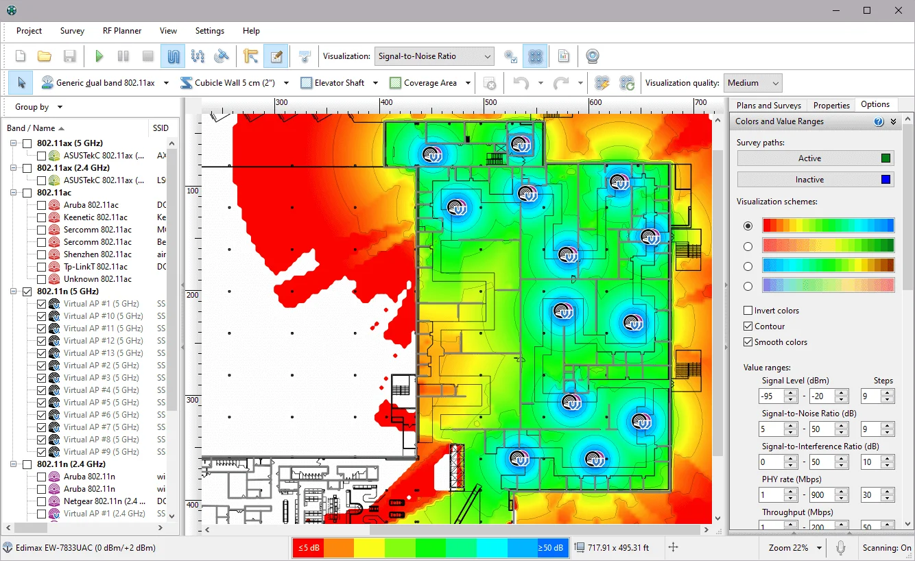 TamoGraph Professional — interfejs profesjonalnego oprogramowania do analizy site survey. Widoczna heatmapa RSSI w biurze z zaznaczoną ścieżką pomiarową, spektrum radiowe 2,4 i 5 GHz, lista wykrytych access pointów z szczegółami technicznymi.