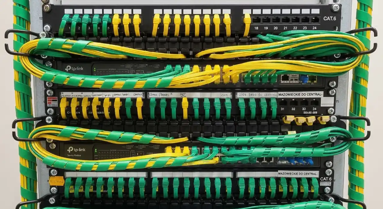 Network rack installation in a hotel technical room — PoE switches and structured cabling for VoIP