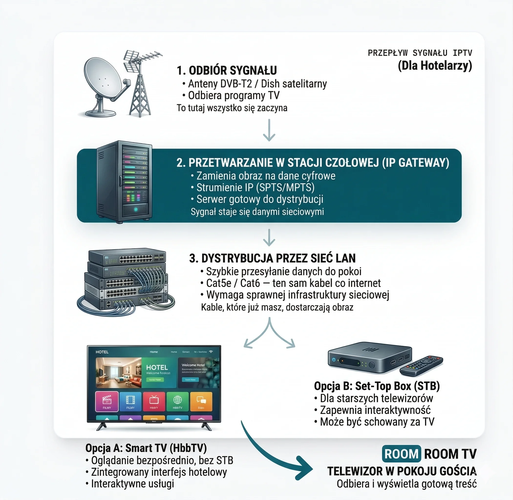 Schéma d'architecture IPTV — distribution des chaînes de la tête de réseau aux chambres des clients