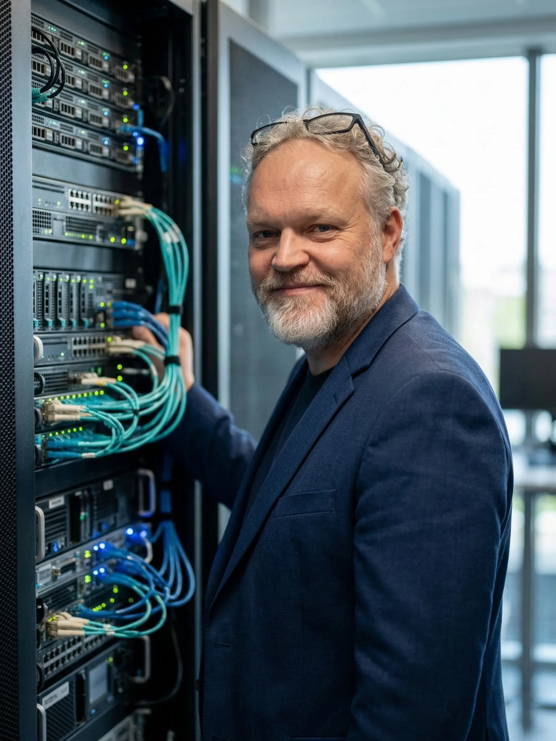 Piotr Morawski w serwerowni. ekspert IPTV, telewizji hotelowej i dedykowanych sieci wifi dla gości.