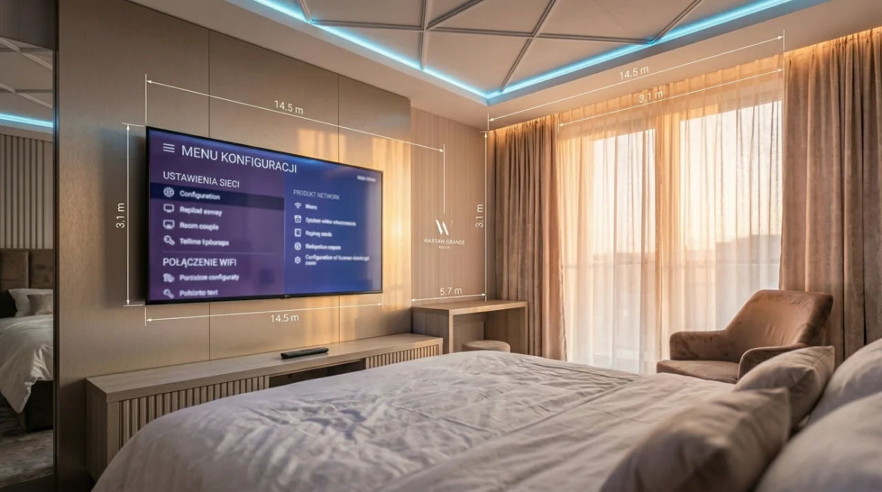 Telewizor hotelowy zamontowany na ścianie pokoju hotelowego z menu konfiguracji na ekranie